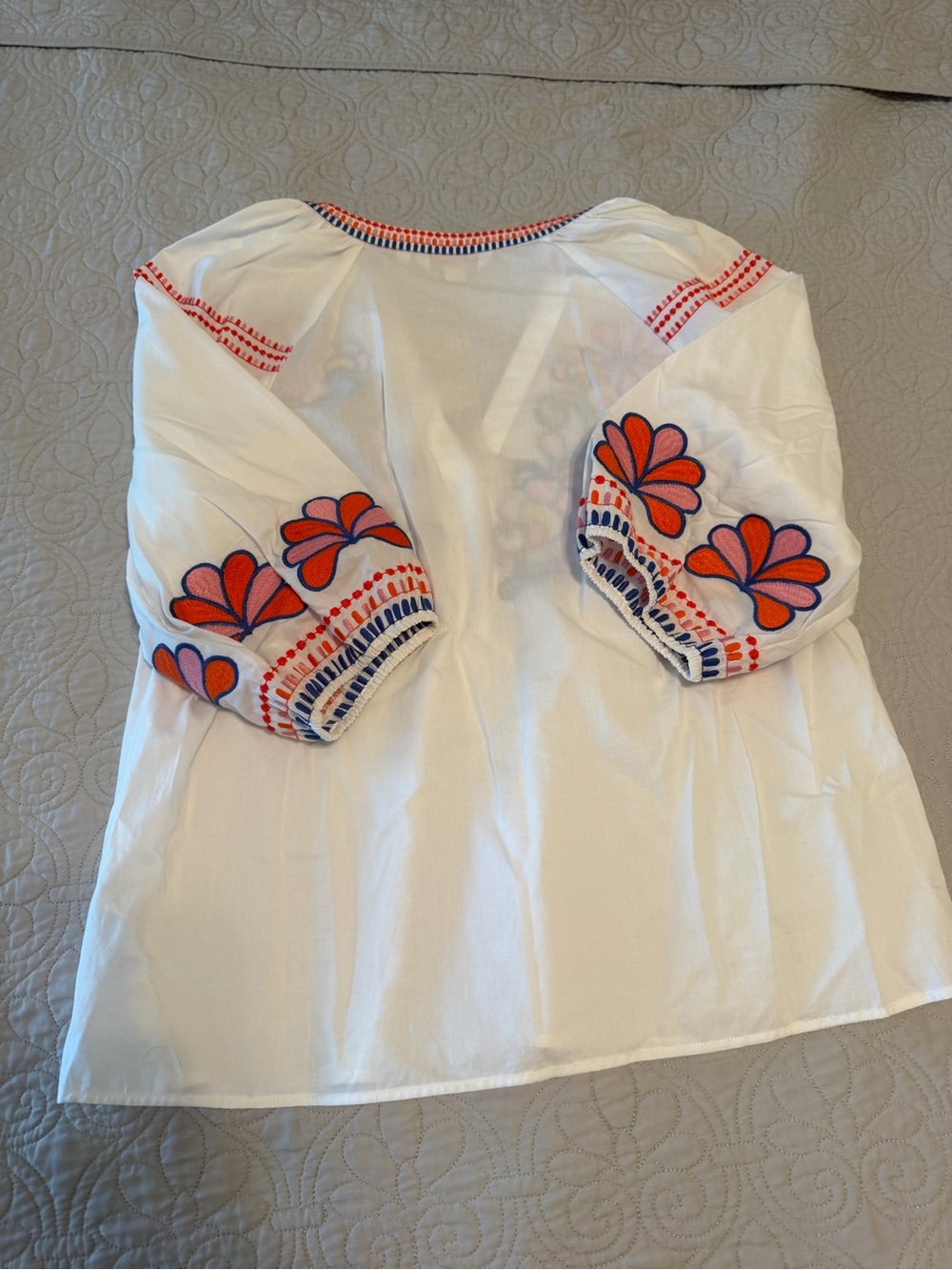 Boden White Embroidered V-Neck Boho Top with Orange & Navy Floral Accents, 12 - Picture 3 of 7